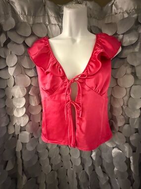 Lush Fuchsia Satin Tie-Front Ruffle Top